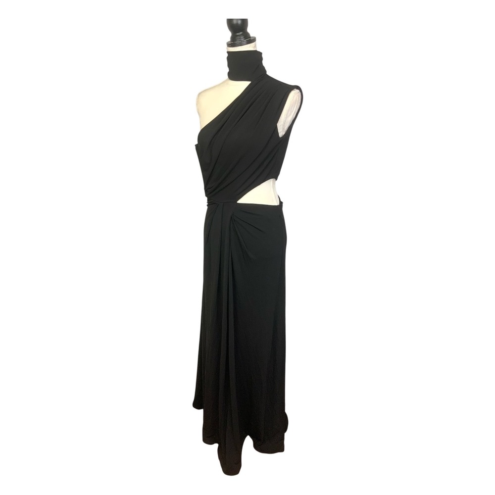 SALONI Sz 0 Black Mock Neck Choker One Shoulder Waist Cut Out Formal Maxi Dress